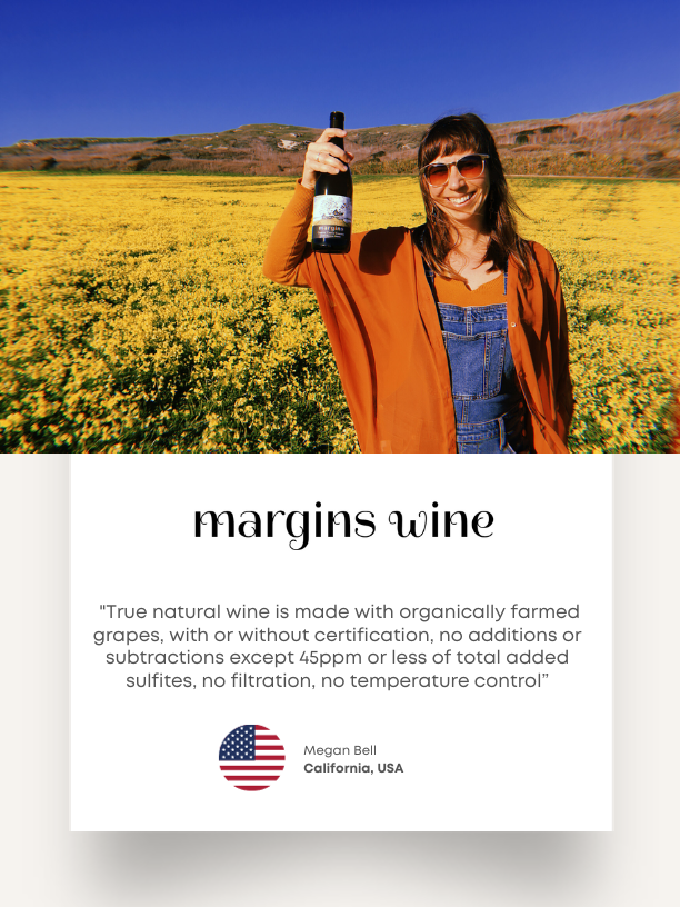 Margins Wine founder Megan Bell standing in a mustard field. Her card describes her approach to organically farmed grapes and minimal additions.
