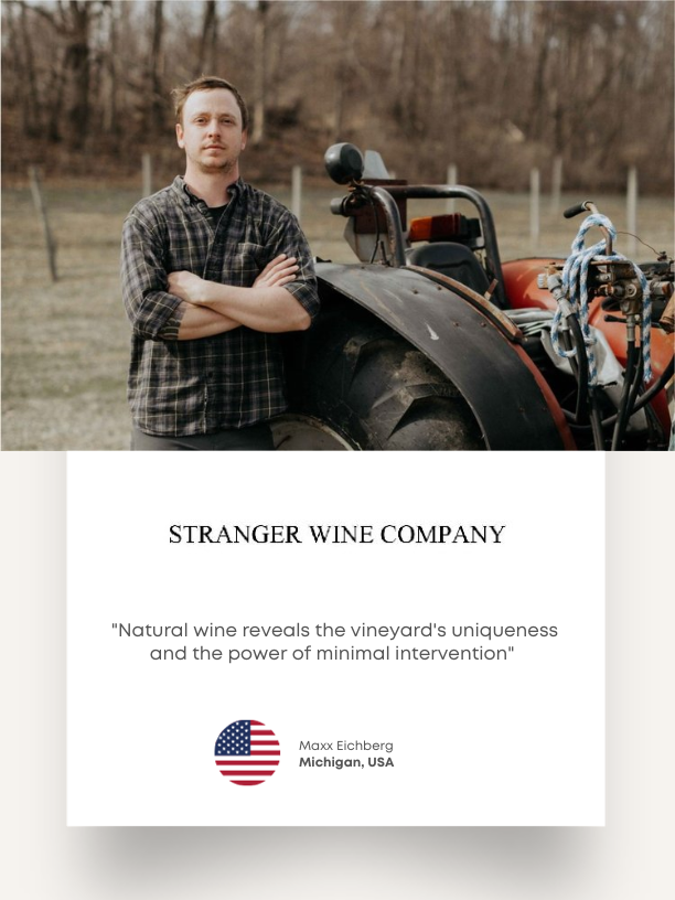 Stranger Wine Company winemaker Maxx Eichberg beside a tractor. His card describes natural wine as an expression of each vineyard.