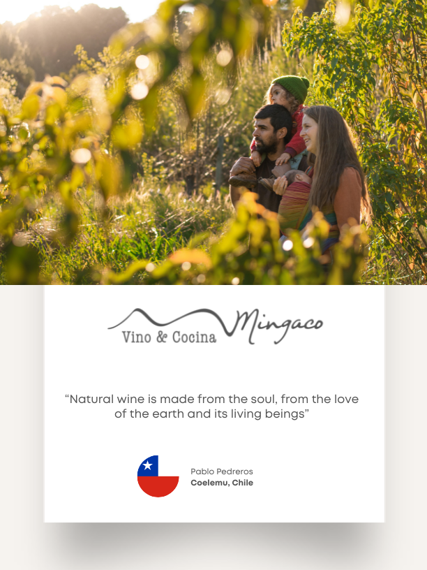 The family behind Mingaco together in their vineyard. Their card describes wine as an expression of the soul and love of the earth.